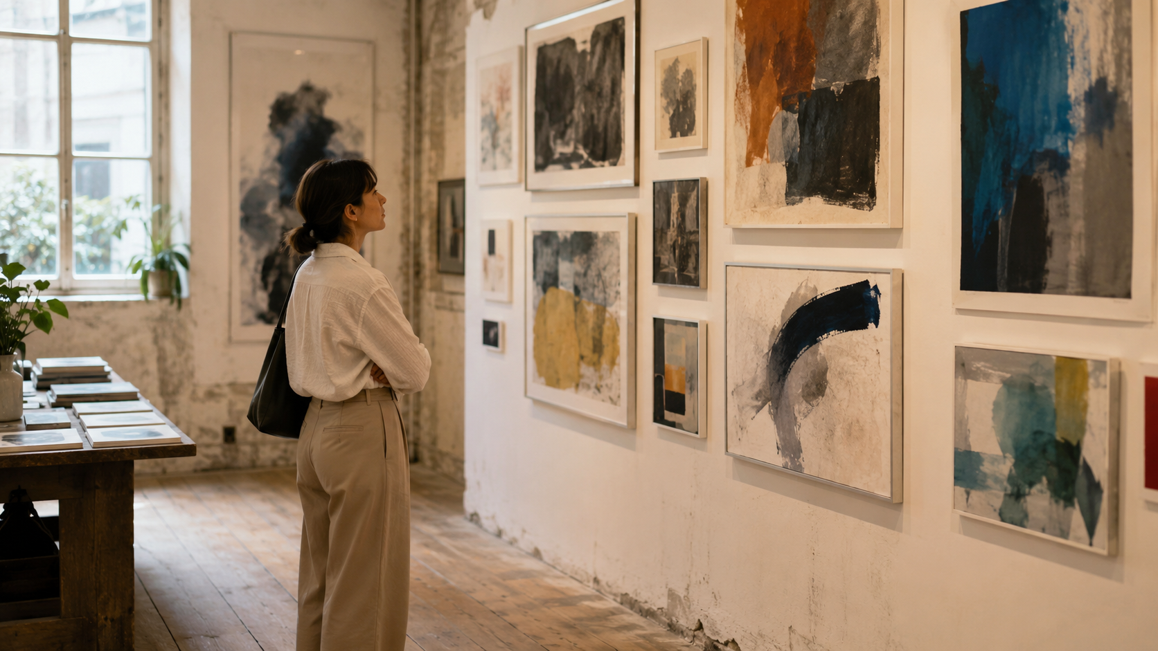 A person looking thoughtfully at varied artwork in a bright independent studio.